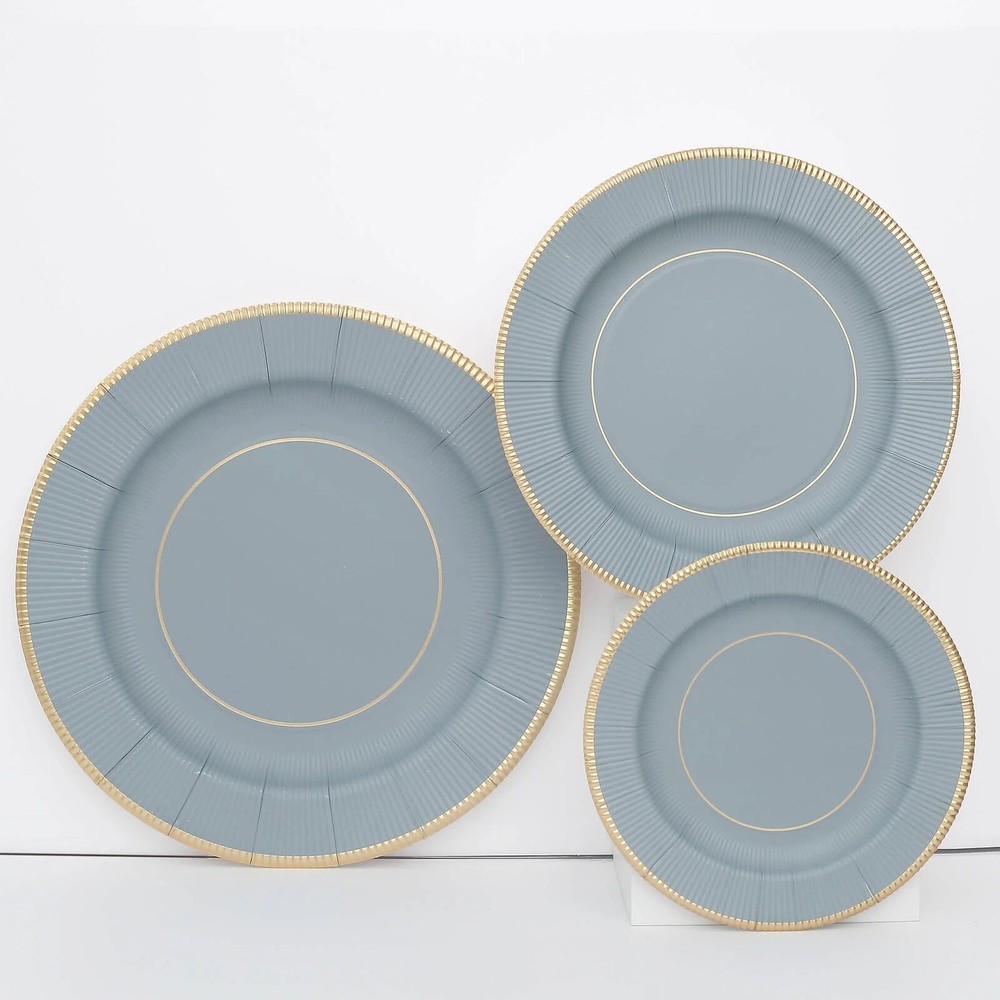 25 DUSTY BLUE 8″ Metallic Round Paper Salad DINNER PLATES Textured Rim Party
