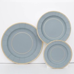 25 DUSTY BLUE 8″ Metallic Round Paper Salad DINNER PLATES Textured Rim Party