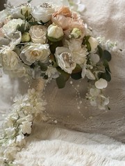 Cascading Wedding Bouquet for Bride, Blush Ivory Silk Flower Pearl Crystal