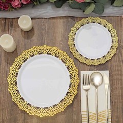 10 WHITE 10″ Round Plastic Salad Dinner PLATES Gold Lace Rim Party Decorations