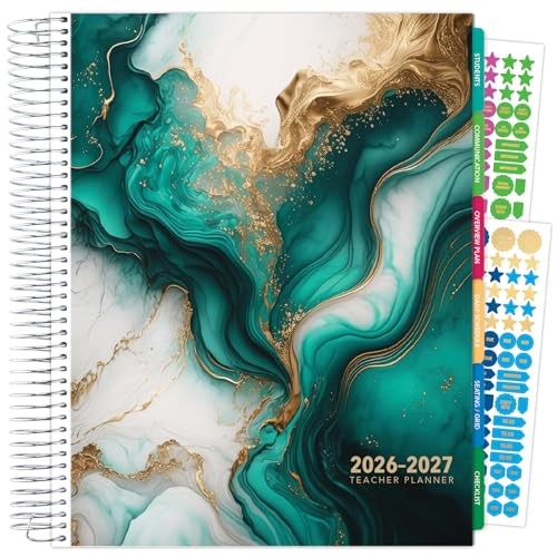 DELUXE TEACHER PLANNER Aug 2026-Jul 2027 8.5×11 Daily Weekly Teal Gold Marble