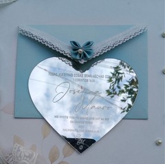 Silver Mirror Acrylic Customized Wedding Invitation with Pale Blue Lace Envelope