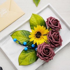 Yellow Burgundy Silk Sunflowers Foam Roses Artificial Flowers Box Party Supplies