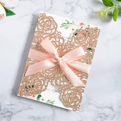 25PK Rose Gold Glitter Laser Cut Wedding Invitations – Perfect for All Occasions