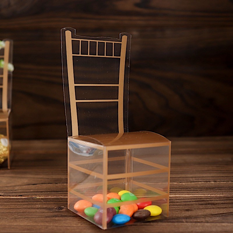 25 CLEAR GOLD Plastic FAVOR BOXES Chair Shaped Gift Holders Party Decorations