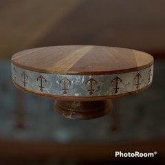 Cake Stand Riser 4.5” High 11” Round Wood Galvanized Metal Band Trim India Made