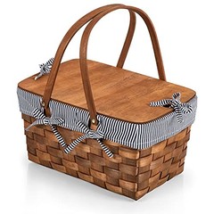 Kansas Handwoven Wood Picnic Basket Navy Blue & White Stripe