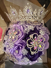Purple Silver Artificial Rose Wedding Bouquet w/ Rhinestone, Fabric Metal