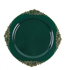 10 HUNTER GREEN GOLD 8″ Round Plastic Salad Dinner PLATES Embossed Baroque Rim