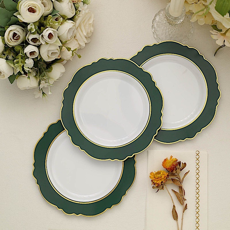 10 WHITE HUNTER GREEN 8″ Round Plastic SALAD PLATES Blossom Design Events