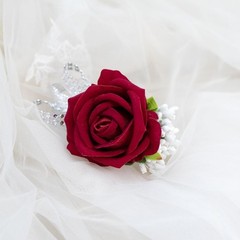 Red Artificial Rose Wrist Corsage and Boutonniere Set for Prom Wedding Party