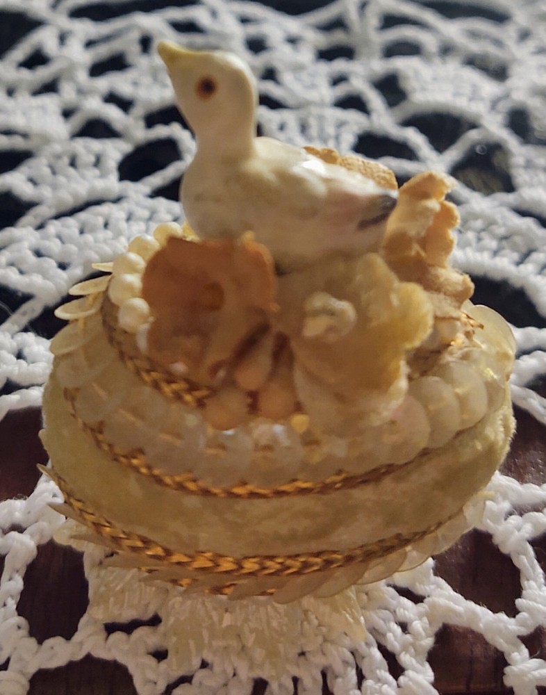 Antique Egg Porcelain Bird w Faux Pearls Sequins Velvet Flowers Cake Topper?