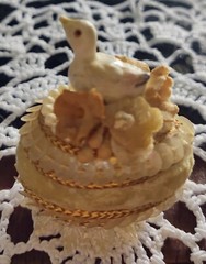 Antique Egg Porcelain Bird w Faux Pearls Sequins Velvet Flowers Cake Topper?