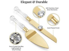 Clear Gold Cake Knife and Server Set, Steel Plated Blades with Acrylic Handles