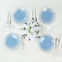 TRANSPARENT DUSTY BLUE 10 Glossy 8″ Round Plastic Salad PLATES GOLD Rim Party