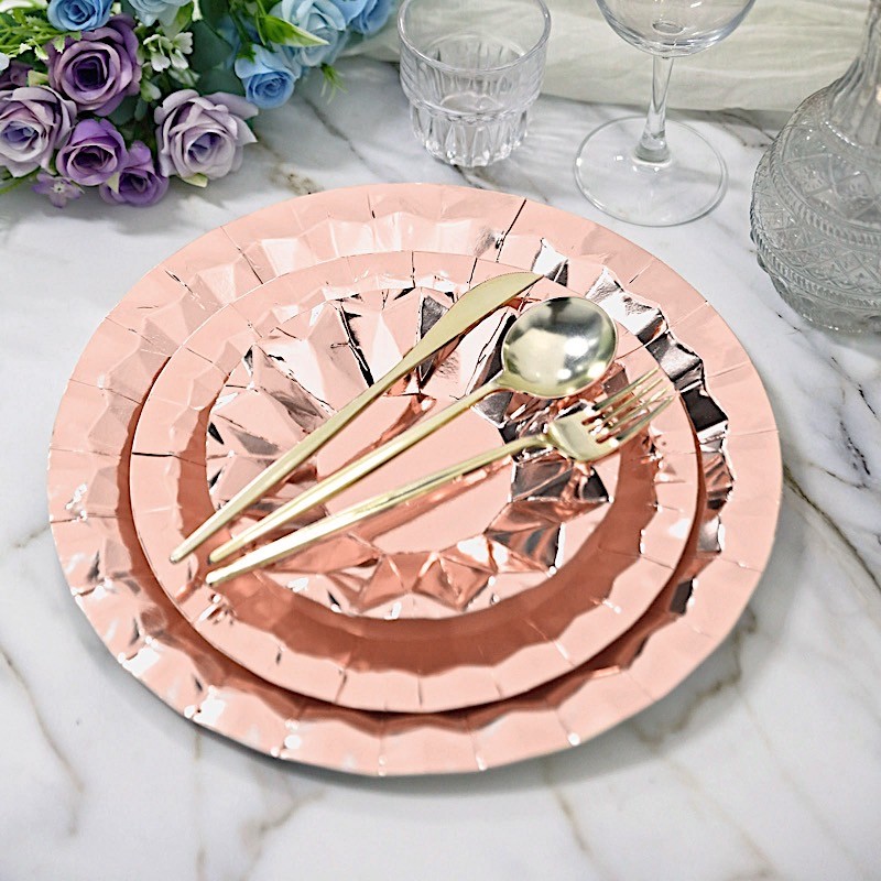 25 ROSE GOLD Metallic Round 12″ Paper Dinner Plates Geometric Design Tableware