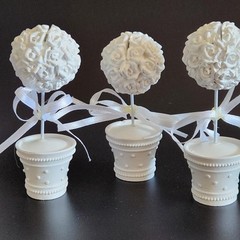 5 Flower Pot White Topiary Roses Name Place Card Holders Party 3.75″ Tall