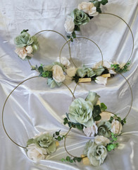 6 Pc Wedding Table Centerpieces, Green, Ivory, Round, Circle, Gold, Wood