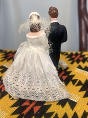 Vintage 1950s Wedding Cake Topper Ceramic Fabric Small Pretty Classic Brunette