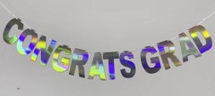 Pre-Strung Holographic Congrats Grad Banner Decorations Sign, Iridescent Hang…