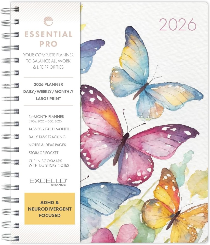 Essential PRO 2026 Daily, Weekly & Monthly 7″ x 9″ Watercolor Butterflies