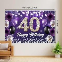 Large Happy 40th Birthday Backdrop Banner Purple Theme Decor With Shiny Diamo…