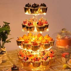 Durable Yellow 4-Tier Round Cake Stand Display with LED Lights for Celebrations