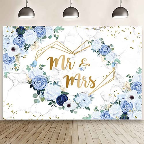 5x3ft Mr and Mrs Floral Backdrop for Bridal Shower and White 5X3ft Blue