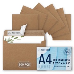 MOS A4 Kraft Envelopes 4.25 x 6.25 Inch 500 Pack — Brown Self-Seal A4,