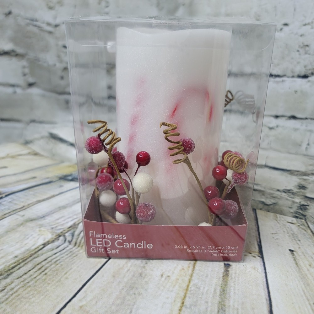 Flameless LED Candle White w Candy Canes and Holly Berries Winter Christmas