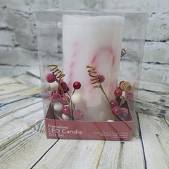 Flameless LED Candle White w Candy Canes and Holly Berries Winter Christmas