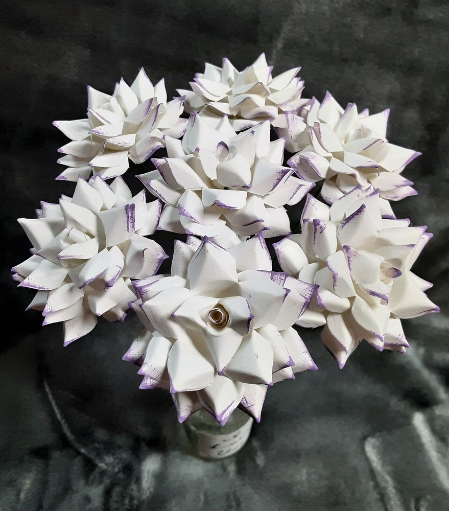 7 Handmade Paper Flowers on stems (White w/Purple tips) for Wedding, Valentine’s