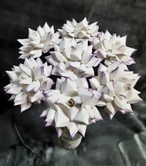 7 Handmade Paper Flowers on stems (White w/Purple tips) for Wedding, Valentine’s