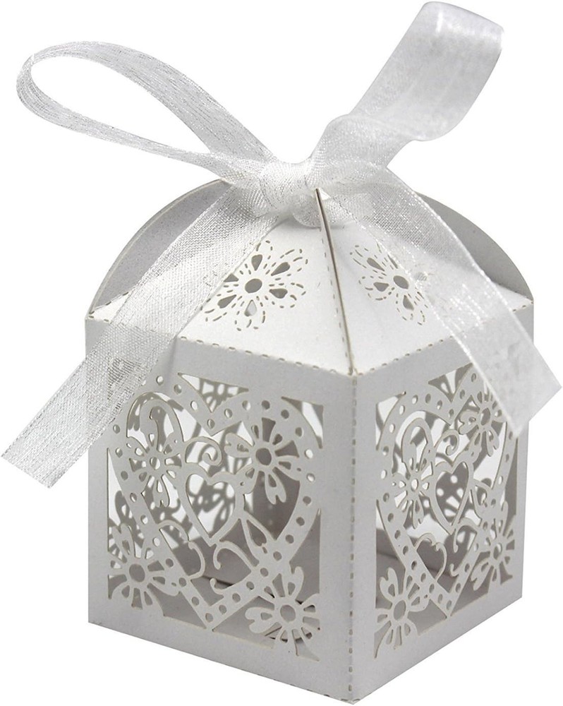 100 Pack Love Heart Laser Cut Wedding Favor Boxes with Ribbons for Candy Gifts