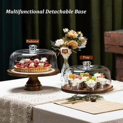 Cake Stand with Dome Lid, Acacia Wood Footed Plate Display Cover