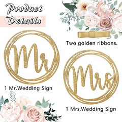 Yousoontic 2 Pcs Golden Wood Mr and Mrs Chair Signs Glitter Bride and Groom T…