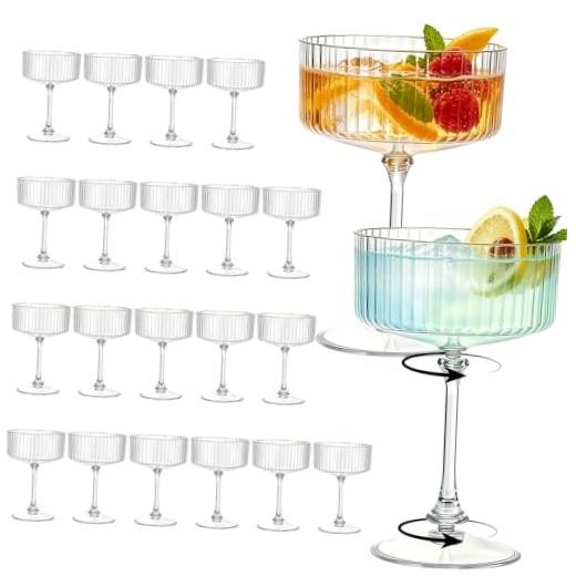 Plastic Martini Glasses 10oz, Detachable Ribbed Coupe Glasses 24 Transparent