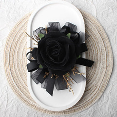 Rose Wrist Corsage and Boutonniere Set for Weddings and Events (Black)