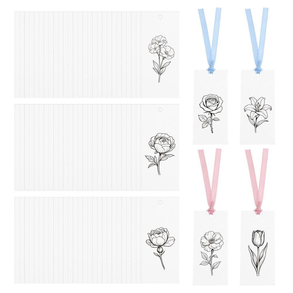 100Pack Blank Place Card with Pink & Blue Ribbon, 3.54 x 1.57 Inch, White