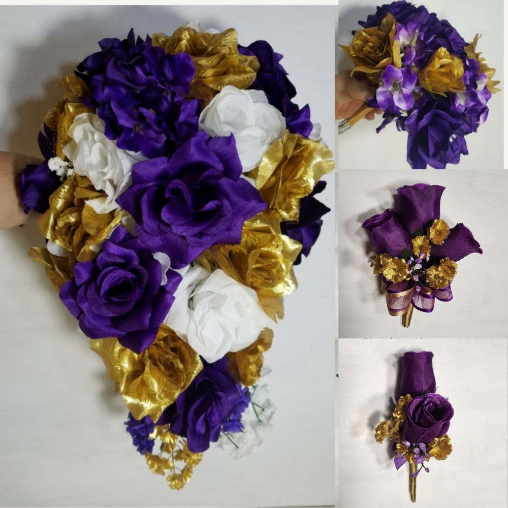 Purple White Gold Rose Bridal Wedding Bouquet Accessories