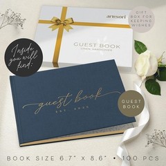 Linen Wedding Guest Book Durable Hardcover Gold Foil Elegant Design Blank Pages