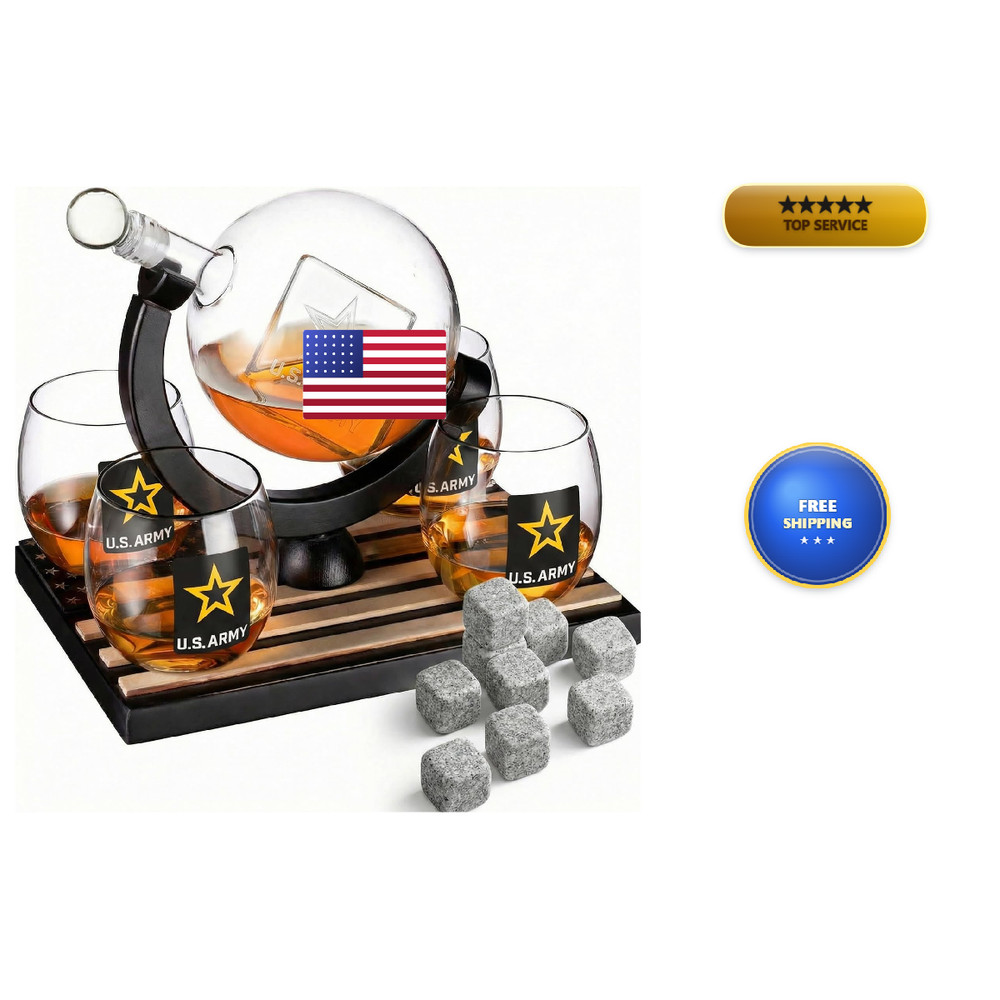 The Wine Savant U.S. Army Globe Whiskey Decanter Set 4 – 9 Whiskey