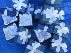 48 Blue Quality Satin Lined Gift Jewelry Boxes With White Ribbons 2″x2″x1 1/2″
