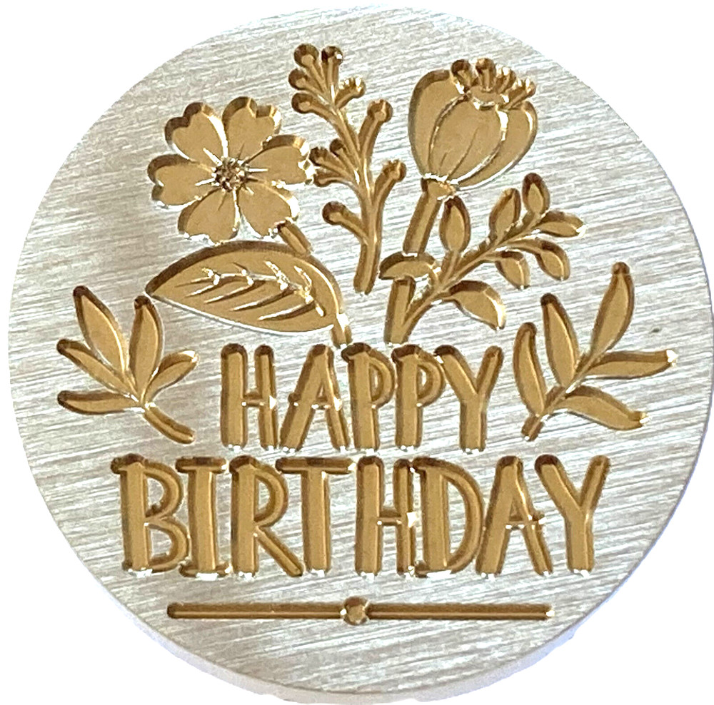 Happy Birthday text with Flowers Wax Seal Stamp Head, 1″ diameter