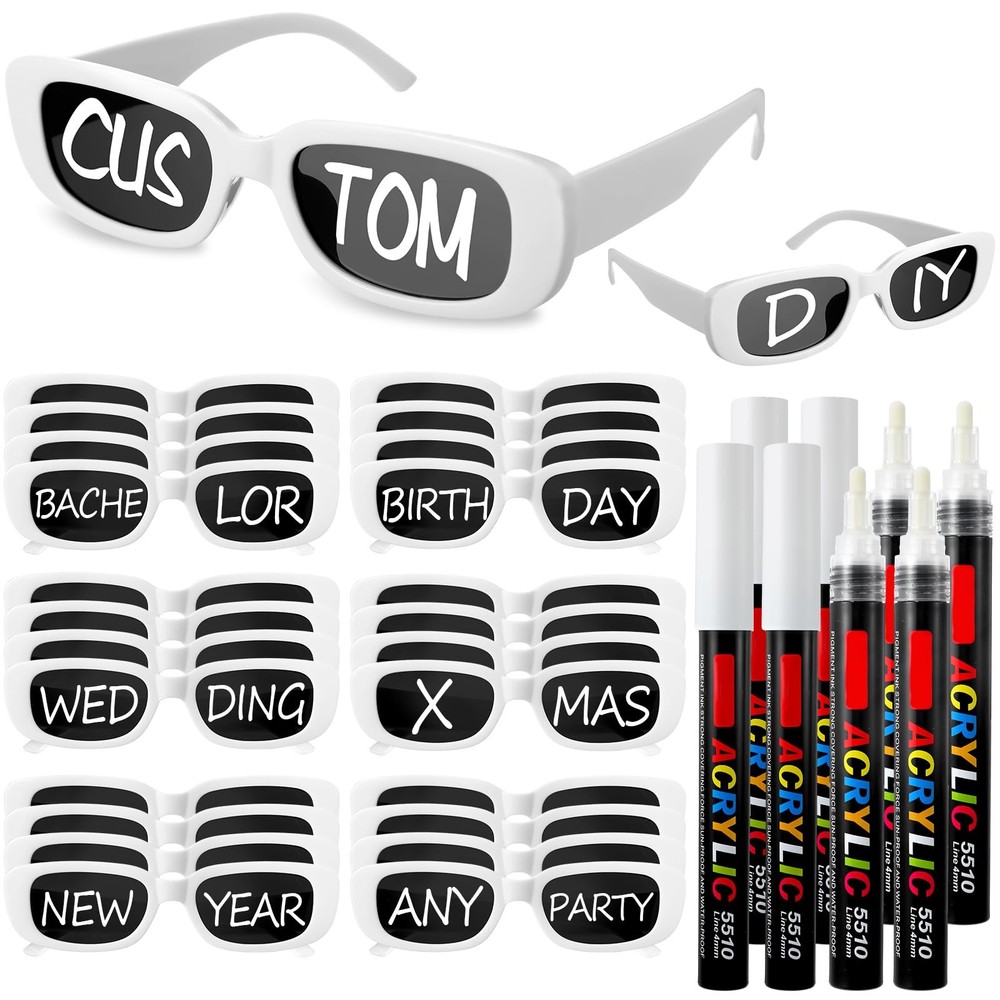 Flutesan 24 Pcs Personalized Rectangle Sunglasses with 8 32 items, White
