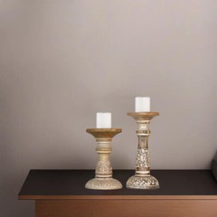 Traditional White Wash Eco-friendly Handmade Mango Wood Set Of Two Candle Holder