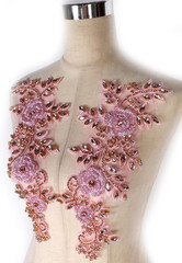Light Pink Beaded Rose Flowers &Leaves Rhinestone Pair Applique for Prom Dress B