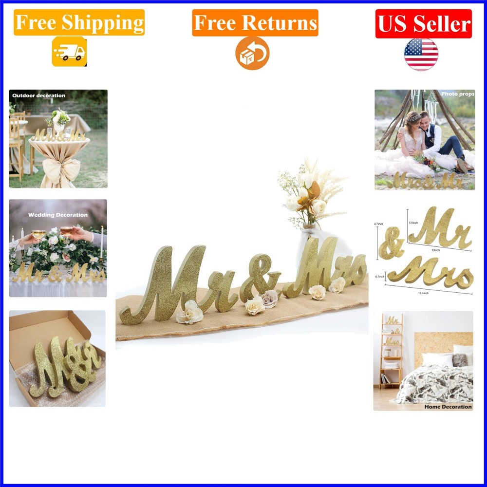 Golden Wooden Mr & Mrs Sign for Wedding & Anniversary Tables, 12.2×5.9