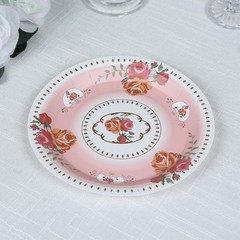 25 DUSTY ROSE 7″ Paper Round Plates with Vintage Rose Flower Print Wedding