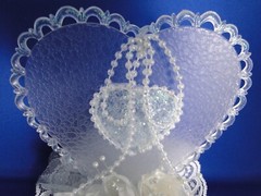 New Elegant Wedding Caketop frosted glass look heart & white satin flowers #269